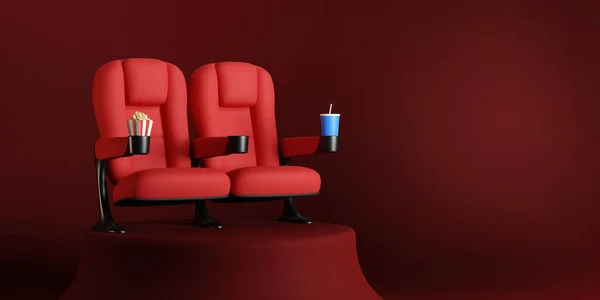 电影院的座位夫妇站在红地毯上 购买电影票的概念 电影之夜 3D渲染 — 图库照片