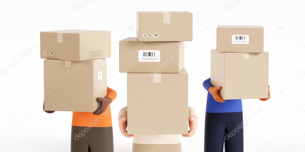 Delivery man with boxes on color background