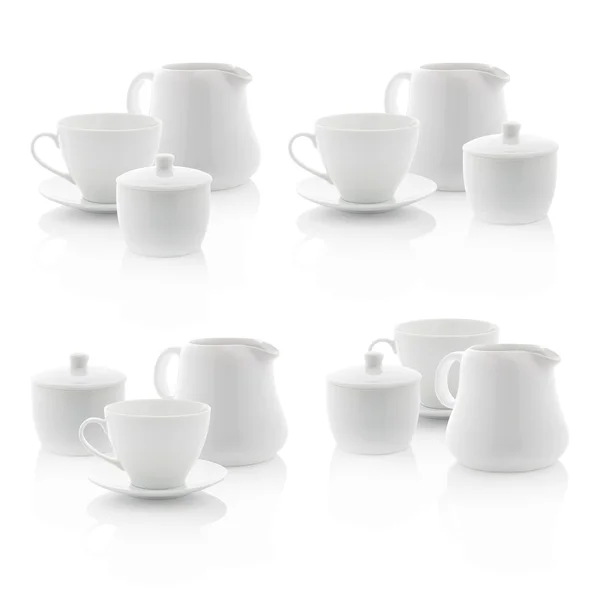 White milk jug, sugar bowl and coffee cup (with PS paths) — Stock Photo, Image