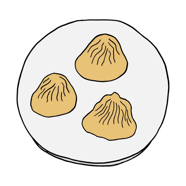 手绘涂鸦饺子小龙宝 中国菜 设计餐厅 标签和包装的素描元素 白色背景上的矢量彩色插图 — 图库矢量图片