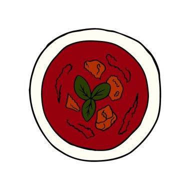 Elle çizilmiş gazpacho. İspanyol mutfağı. Menü kafe, bistro, restoran, fırın, etiket ve paketleme için tasarım elemanı. Beyaz arkaplanda renkli bir illüstrasyon.