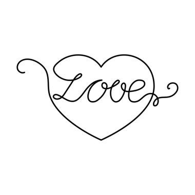 Sürekli tek satırlık kalp ve el yazısı aşkı. Poster, kart, afiş, sevgililer günü, düğün, tişört baskısı için vektör illüstrasyonu.