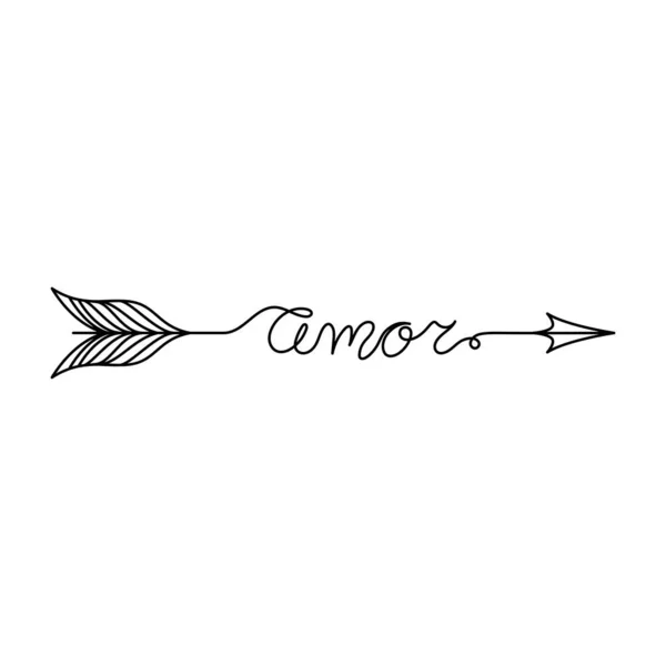 Continuous One Line Lettrage Amor Amour Espagnol Sous Forme Flèche — Image vectorielle