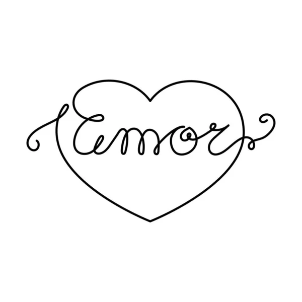 Continuous One Line Coeur Script Cursive Texte Amor Amour Espagnol — Image vectorielle