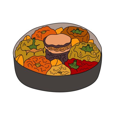 Gemista, geleneksel Yunan yemekleri. Doldurulmuş biber, kıymalı domates, pirinç ve otlar. Vektör elle çizilmiş illüstrasyon. Menü kafe, bistro, restoran için tasarım ögesi. 