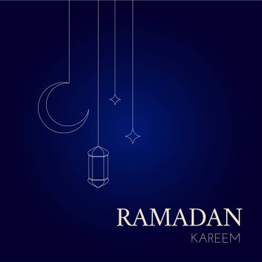 Müslümanların kutsal Ramazan Kareem bayramı. Davetiyeniz, afişiniz, afişiniz, poster tasarımınız, şablonunuz için hilal, yıldızlar ve fener içeren vektör selamlaması tasarımı. 