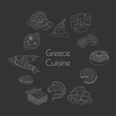 Geleneksel Yunanistan mutfak tabağı ve tatlıları elle çizildi. Menü kafe, bistro, restoran, fırın, ambalaj, broşür veya poster için tasarım öğesi. Vektör illüstrasyonu.