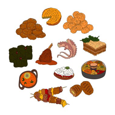 Geleneksel Yunanistan mutfak tabağı ve tatlıları elle çizildi. Menü kafe, bistro, restoran, fırın, ambalaj, broşür veya poster için tasarım öğesi. Vektör renkli illüstrasyon.