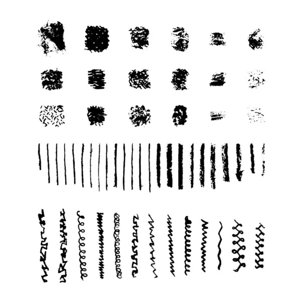 Bir Dizi Grunge Kömür Kalem Darbeleri Sıçratmalar Pis Yapımı Çizgiler — Stok Vektör