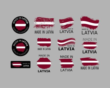 Çıkartma takımı. Letonya malı. Letonya bayrağı şeklinde fırça darbeleri. Fabrika, üretim ve üretim ülkesi konsepti. Etiket ve ambalaj için tasarım ögesi. Vektör renkli illüstrasyon.