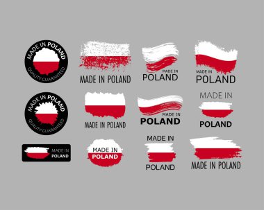 Çıkartma takımı. Polonya malı. Polonya bayrağı şeklinde fırça darbeleri. Fabrika, üretim ve üretim ülkesi konsepti. Etiket ve ambalaj için tasarım ögesi. Vektör renkli illüstrasyon.