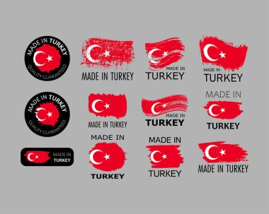 Set of stickers. Made in Turkey. Brush strokes shaped with Turkish flag. Factory, manufacturing and production country concept. Design element for label and packaging. Vector colorful illustration.