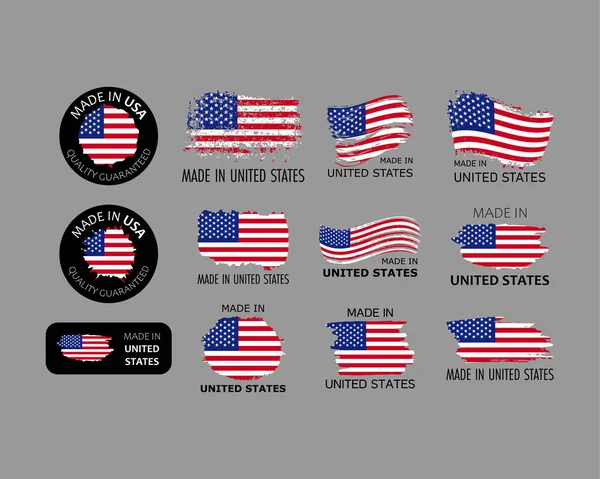 Set Stickers Made Usa Brush Strokes Shaped American Flag Factory — стоковий вектор