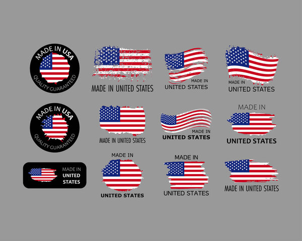 Set of stickers. Made in USA. Brush strokes shaped with american flag. Factory, manufacturing and production country concept. Design element for label and packaging. Vector colorful illustration.