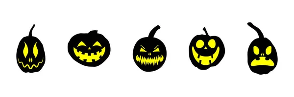 Conjunto Abóboras Halloween Com Rostos Brilhantes Assustadores Ilustração Estilo Plano — Vetor de Stock