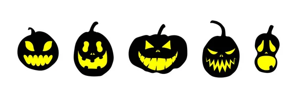 Набор Хэллоуинских Тыкв Страшными Светящимися Лицами Векторная Иллюстрация Плоском Стиле — стоковый вектор