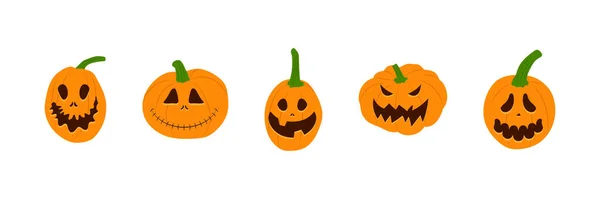 Conjunto Abóboras Halloween Com Rostos Assustadores Sorridentes Ilustração Estilo Plano — Vetor de Stock