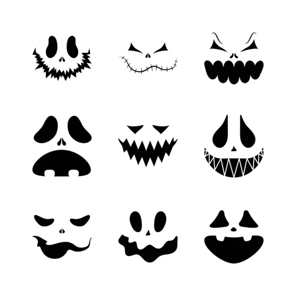 Conjunto Caras Assustadoras Sorridentes Para Halloween Ilustração Estilo Plano Vetorial — Vetor de Stock