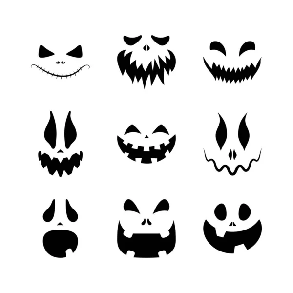 Conjunto Caras Assustadoras Sorridentes Para Halloween Ilustração Estilo Plano Vetorial — Vetor de Stock