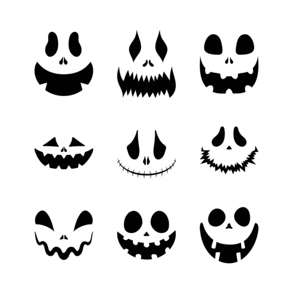 Conjunto Caras Assustadoras Sorridentes Para Halloween Ilustração Estilo Plano Vetorial — Vetor de Stock