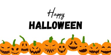 Mutlu Cadılar Bayramı geçmişi. Korkunç gülümseyen yüzlü balkabakları. Vektör düz biçim illüstrasyonu.