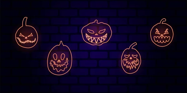 Conjunto Abóboras Halloween Com Rostos Brilhantes Assustadores Ilustração Estilo Plano — Vetor de Stock