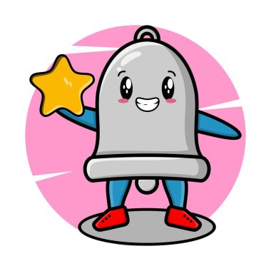 Çizgi film maskotu, tişört, etiket, logo elementi için büyük altın yıldızı elinde tutuyor.