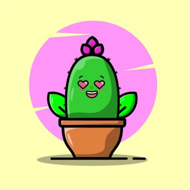 Yeşil kaktüslerin mutlu ve aşk dolu resimlerini çiziyorum. Çocuklar için komik duygu karakter koleksiyonu. Fantezi karakterleri.