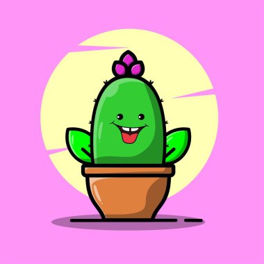 Mutlu duyguları olan yeşil kaktüslerin vektör çizimleri. Çocuklar için komik duygu karakter koleksiyonu. Fantezi karakterleri.