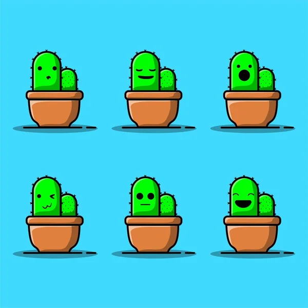 Set Vector Cartoon Illustrations Green Cactus Emotions Funny Emotions Character — Stock Vector