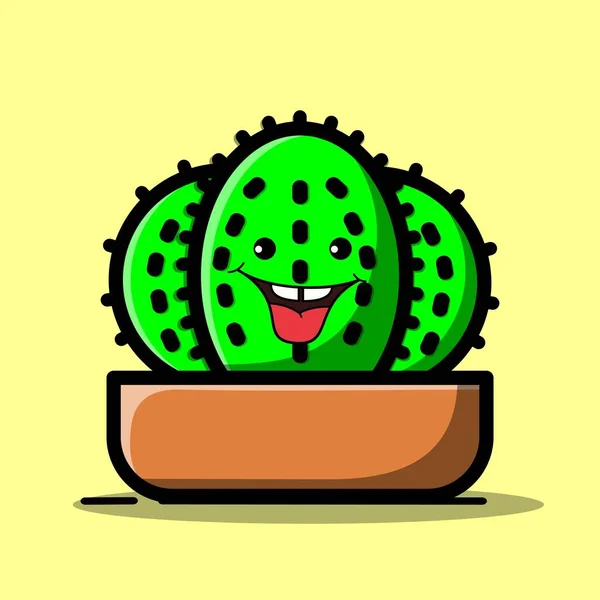 Vektorové Kreslené Ilustrace Zeleného Kaktusu Šťastnými Emocemi Sbírka Postav Pro — Stockový vektor