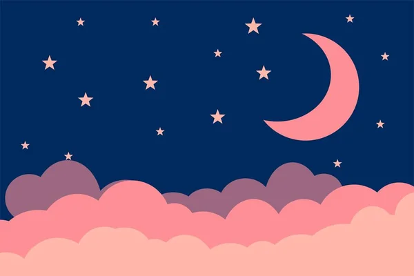 Flat Style Illustration Pink Moon Stars Blue Clouds Background Design — Stock Vector