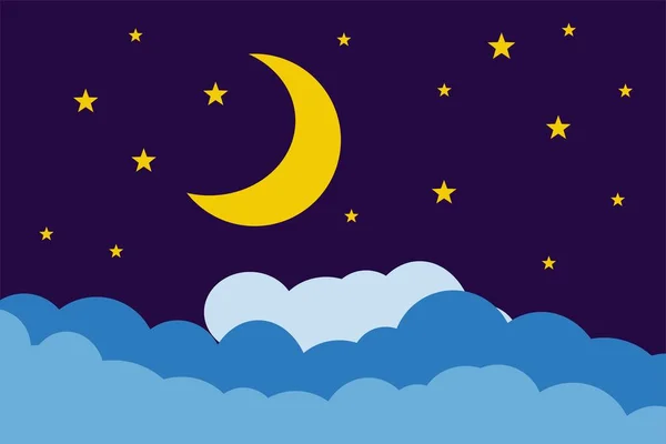 Stile Piatto Illustrazione Giallo Luna Stelle Blu Nuvole Disegno Sfondo — Vettoriale Stock