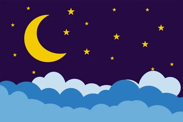 Ilustração Estilo Plano Estrelas Lua Amarela Design Fundo Nuvens Azuis — Vetor de Stock
