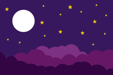 Düz stil illüstrasyon beyaz ay yıldızları ve mavi bulutlar arka plan tasarımı. Pankart, sosyal medya şablonu, poster ve el ilanı şablonu için kullanılabilir, vs..