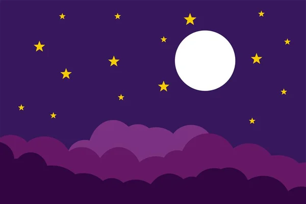 Ilustración Estilo Plano Estrellas Luna Blanca Nubes Azules Diseño Fondo — Vector de stock