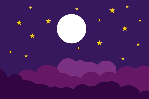 Ilustração Estilo Plano Estrelas Lua Branca Design Fundo Nuvens Azuis — Vetor de Stock