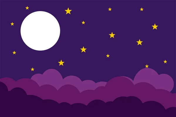 Ilustración Estilo Plano Estrellas Luna Blanca Nubes Azules Diseño Fondo — Vector de stock