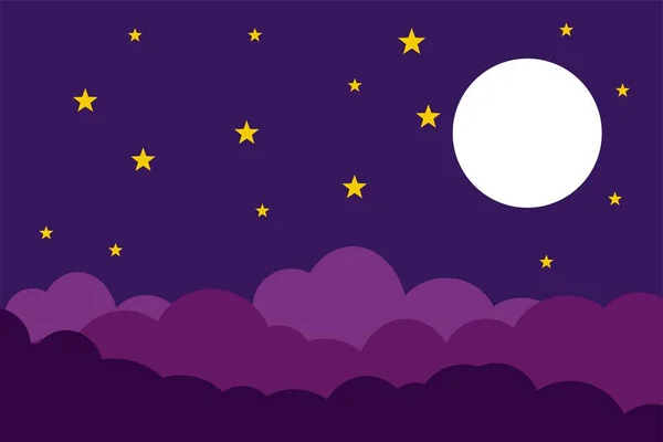 Ilustración Estilo Plano Estrellas Luna Blanca Nubes Azules Diseño Fondo — Vector de stock