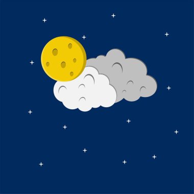 Düz stil illüstrasyon turuncu ay yıldızları ve turuncu bulutlar arka plan tasarımı. Pankart, sosyal medya şablonu, poster ve el ilanı şablonu için kullanılabilir, vs..