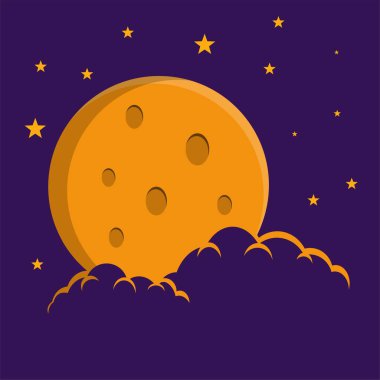 Düz stil illüstrasyon turuncu ay yıldızları ve turuncu bulutlar arka plan tasarımı. Pankart, sosyal medya şablonu, poster ve el ilanı şablonu için kullanılabilir, vs..