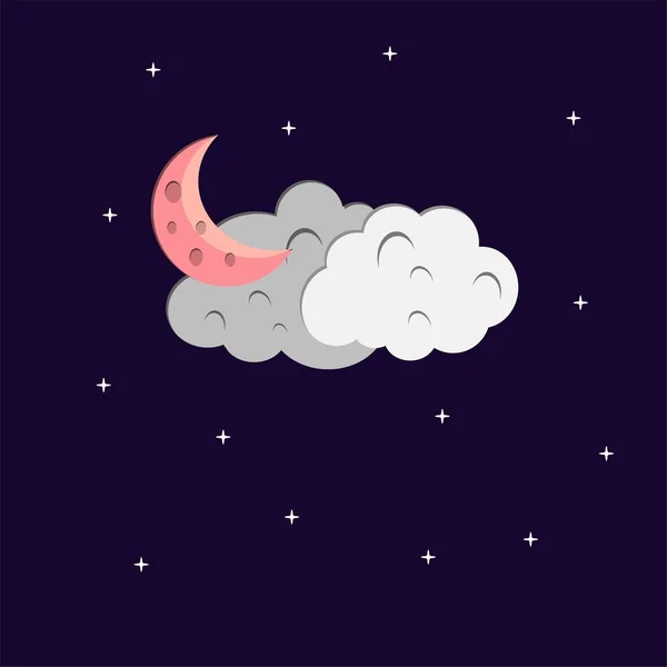 Ilustración Estilo Plano Luna Rosa Estrellas Blancas Nubes Grises Blancas — Vector de stock