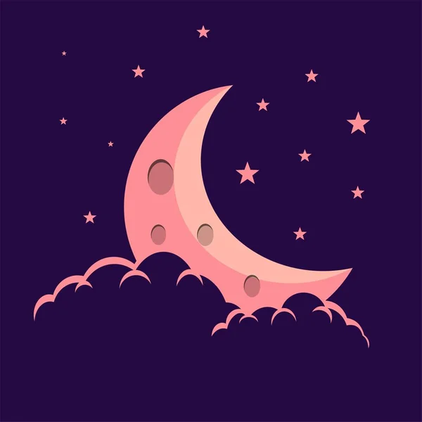 Ilustración Estilo Plano Luna Rosa Estrellas Blancas Nubes Grises Blancas — Archivo Imágenes Vectoriales