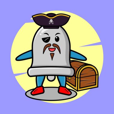 Şapkalı ve hazine kutusunun yanında sevimli tasarım tişörtü, etiket elemanı olan bir korsan.