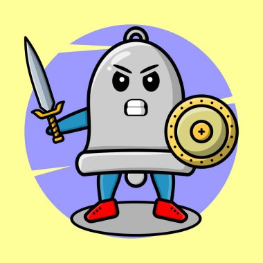 Çizgi film maskotu elinde kılıç ve kalkanla tişört, etiket, logo elementleri için şirin bir stil tutuyor.