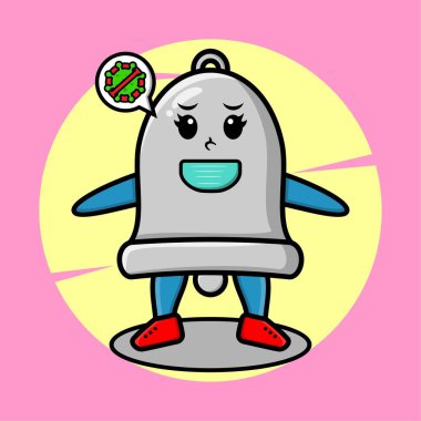 Tişört, etiket, logo, poster ögesi için şirin stil tasarımlı Corona virüsünü önlemek için maske kullanan çizgi film maskotu illüstrasyon çanı.