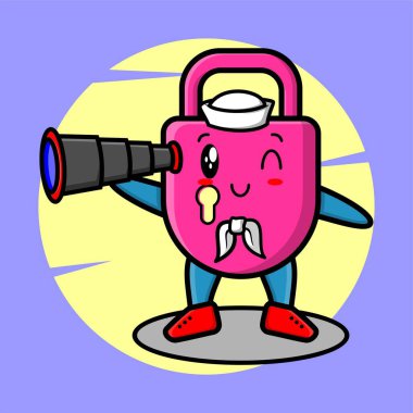 Denizci maskot çizgi filmini şapkalı kilitle ve tişört, etiket, logo elementi için dürbün şeklinde şirin bir tasarım kullan