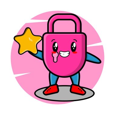 Tişört, çıkartma, logo elementleri için büyük altın yıldız tutan sevimli çizgi film maskotu.