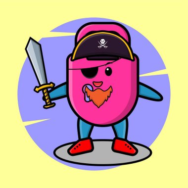 Tişört, çıkartma, logo elementleri için modern tasarım şapkalı ve kılıç tutan sevimli bir karikatür kilit korsanı.