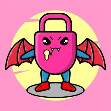 Şirin maskot çizgi filmi Lock karakteri sevimli modern tarzda kanatları olan Dracula tişört, etiket, logo unsuru, poster elemanı